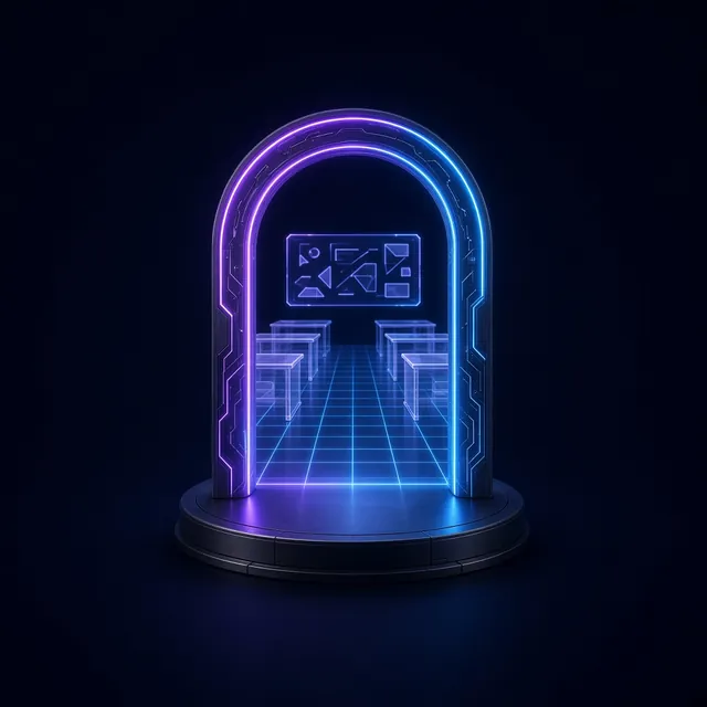 A glowing doorway opening into a holographic classroom